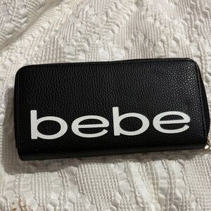 bebe Black Wallet with White Logo Zip